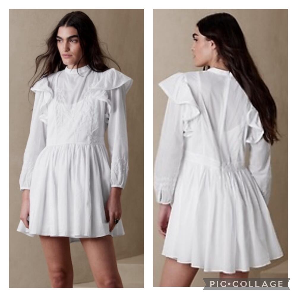 NWT Esme Embroidered Mini Peaseant Dress White Banana Republic size Large